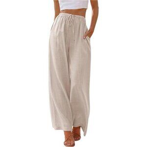 Women's Linen Summer Palazzo Pants Flowy Wide Leg Beach Pants with Pockets